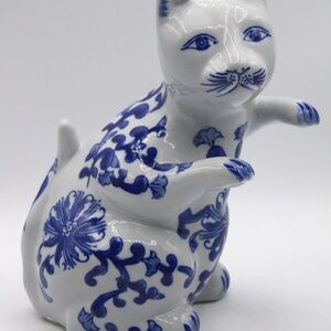 VINTAGE WHITE BLUE FLORAL CERAMIC CAT Figure Figurine Decor Collectible